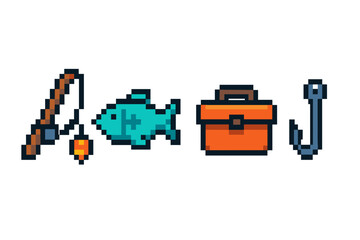 Obraz premium Pixel art fishing gear icons - rod, fish, tackle box, hook