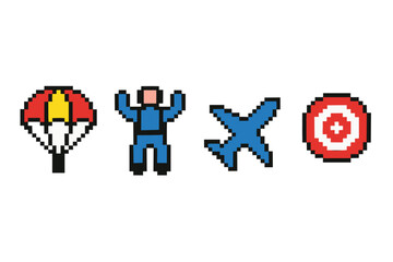 Obraz premium Pixel art icons: parachute, skydiver, airplane, target