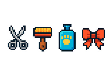 Pixel art pet grooming tools: scissors, brush, shampoo, bow icons