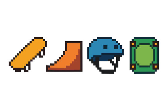 Fototapeta Pixel art skateboard set: skateboard, ramp, helmet, knee pad in retro style