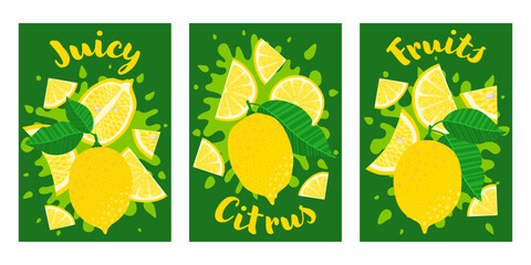 Set of citrus posters featuring whole lemons and slices on a green background. Playful illustrations with splashes, perfect for summer ads, organic product labels, healthy food branding, and packaging