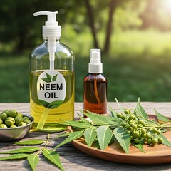 Neem oil bottles with leaves and berries on a wooden surface outdoors in daylight