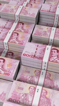 Thailand 100 Thai Baht Banknote Vertical Mobile 3D Animation ? Mobile Finance Motion, Money Flow, Economy, Banking, Digital Currency Exchange Visualization