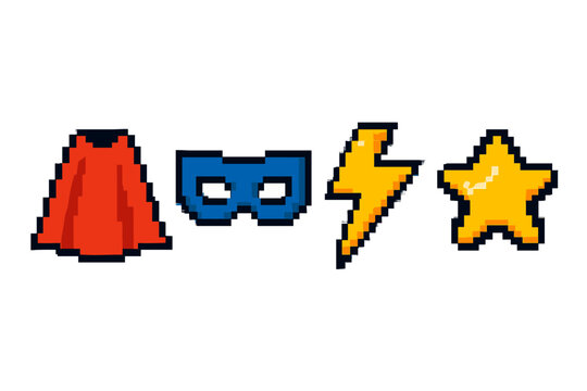 Pixel art superhero icons: cape, mask, lightning bolt, star