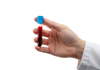 Hand holding a blood sample tube, securely capped with a blue lid, containing a vital human blood specimen for medical diagnosis and laboratory analysis.