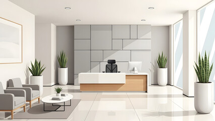 Modern Office Reception Area with Natural Light and Green Plants