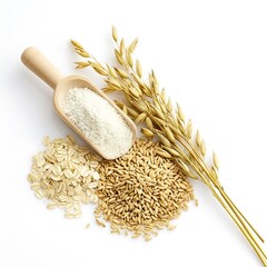Composition of oats, flakes, grains, and a wooden scoop on a white background