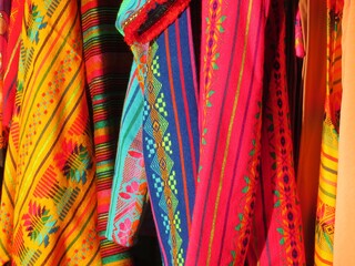 traditional mexican colorful textile with patterns in a market