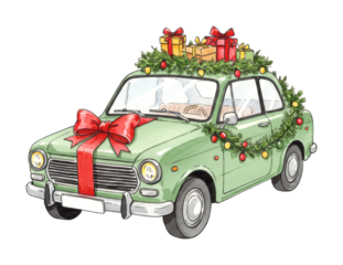 Charming green car adorned with festive Christmas decorations and presents on its roof, ready for holiday deliveries in a whimsical watercolor illustration.