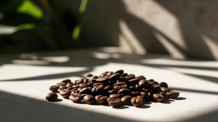 A pile of rich roasted coffee beans catching the natural sunlight and shadows