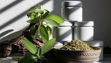 Fresh sage and dried herbs presented with white jars for natural wellness products