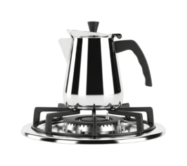 Shiny metallic moka pot with a black handle sits on a modern gas burner, ready to brew fresh coffee in a contemporary kitchen setting.