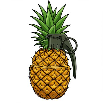 Cartoon Pineapple Grenade with Green Leaves and Metal Trigger on White Background