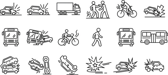Traffic accident icons set, vehicle collision illustrations, road safety symbols, car crash and bus impact graphics, cyclist and pedestrian danger signs, emergency incident outline designs © Hello World