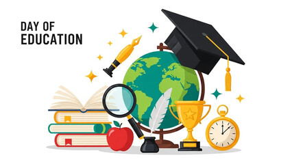 International education day concept with a smiling student and vibrant design elements