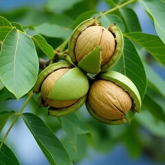 Close up of walnuts on a tree branch with green leaves against a blue background