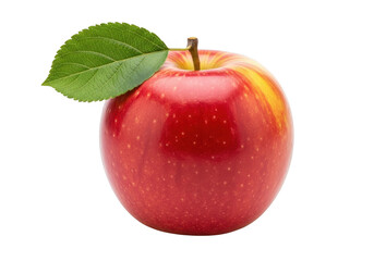 A single, ripe, red apple with a green leaf and stem, isolated on a transparent background