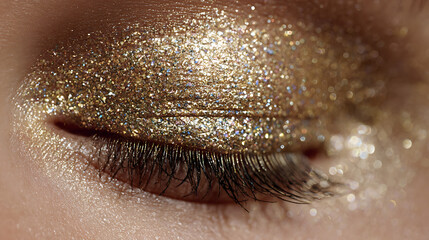 Stunning macro close up captures vibrant gold glitter eyeshadow dazzling the eye with perfect lashes