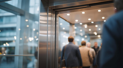 A gleaming stainless steel elevator interior with crisp reflections of commuters moving in and out, capturing a futuristic urban aesthetic — modern architecture, sleek transportation design, and