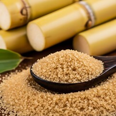 Close up of brown sugar on a wooden spoon with sugar cane in the background