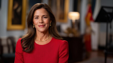 A female president addressing the nation from a formal office, national emblem behind her and teleprompter glowing softly — leadership during pivotal moments and confident governance. cinematic