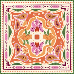 Tropical tile, scarf, square seamless pattern with jungle flowers, leopard, waves, stripes, geometric ornament, ethnic element, summer vacation print. Cute vector background, textile design, wallpaper