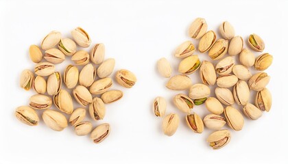 Pistachio nuts scattered on white background, top view