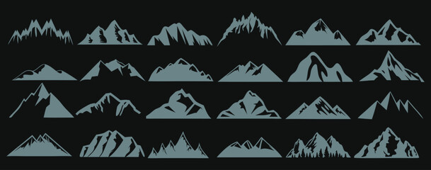 Mountain silhouette set featuring diverse rugged peaks and minimalist landscape shapes. Clean outlines create a modern outdoor aesthetic suitable for logos and nature graphics. Perfect for adventure b © redoan