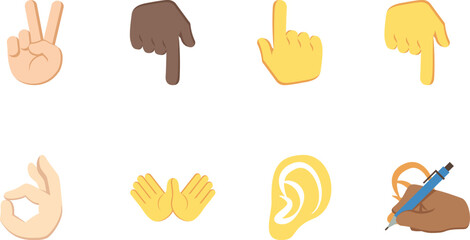 Hand gesture icon set featuring diverse skin tones and expressive signs. Includes pointing, peace, OK, listening, and writing symbols for universal communication. Perfect for apps, education, and mode