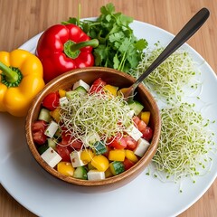 A wooden bowl filled with a colorful salad and sprouts on a white plate dish