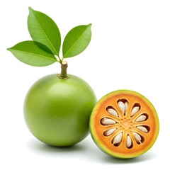 Whole wood apple with leaves and a halved wood apple showing seeds on white background