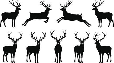 Vector Black Silhouette Set of Red Deer Stags with Large Antlers in Standing and Jumping Poses for Hunting, Nature, Wildlife, and Christmas Concepts.