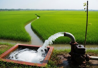 Water pump irrigating a lush green rice field with a narrow stream flowing through