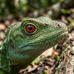 Portrait of a green iguana in its natural forest habitat with a shallow depth of field background.