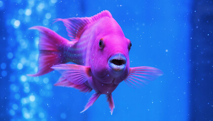 A close-up of a bright pink fish swimming in an aquarium with vibrant blue lighting creating a surreal underwater atmosphere.
