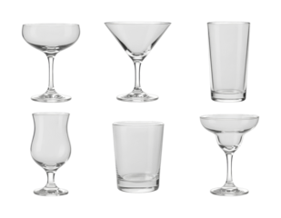 Various empty drinking glasses display different types of elegant glassware arrangements, showcasing a collection of bar and kitchen essentials for beverages.