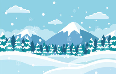 Winter Mountain Landscape Vector Background with Blue Sky