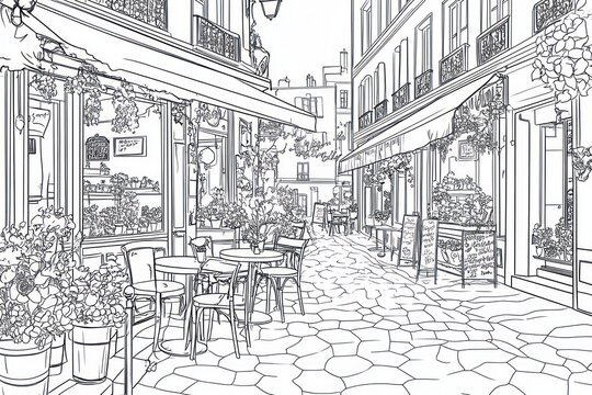 Parisian street cafe, cobblestone lane, flowers, sunny day, travel illustration