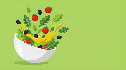Healthy vegetarian food concept with levitating tomato, olives, arugula and oil. Flat design vector illustration on green background.