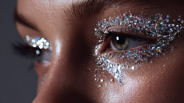 Stunning close up of glamorous eye makeup featuring vibrant iridescent glitter highlighting dramatic eyelashes and flawless skin texture