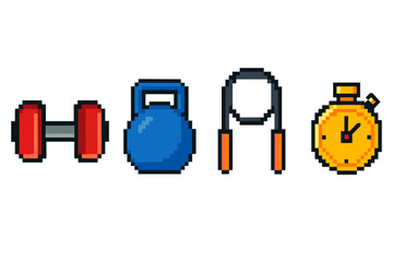 Pixel art gym equipment icons: dumbbell, kettlebell, jump rope, stopwatch