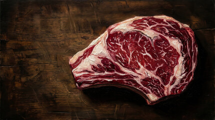 Artistic illustration of cooked ribeye meat with steam and grill marks. BBQ dinner, restaurant menu and gourmet food art concept.