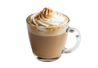 A delicious coffee drink topped with whipped cream and cinnamon, isolated on transparent background
