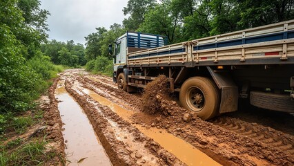 Truck navigating muddy off-road path in forest landscape  