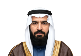 Arab man wearing traditional attire looks directly at the camera with a serious and confident expression, representing Middle Eastern culture and business.