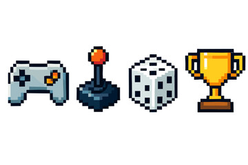 Pixel art gaming icons: controller, joystick, dice, and trophy