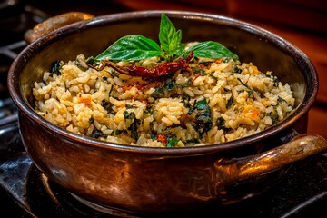 Rice is mixed with green herbs and red spices in a pot. The dish combines flavors that come from the herbs added during cooking. It is placed on a stove