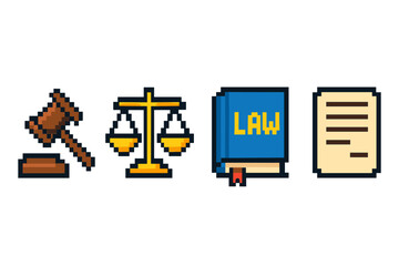 Pixel art legal symbols: gavel, scales, law book, document