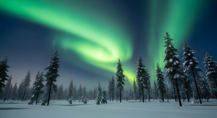 Aurora borealis over snow covered forest creating serene winter landscape beneath green northern lights