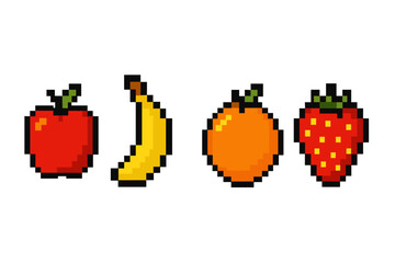 Fototapeta premium Pixel art of apple, banana, orange, and strawberry on white background